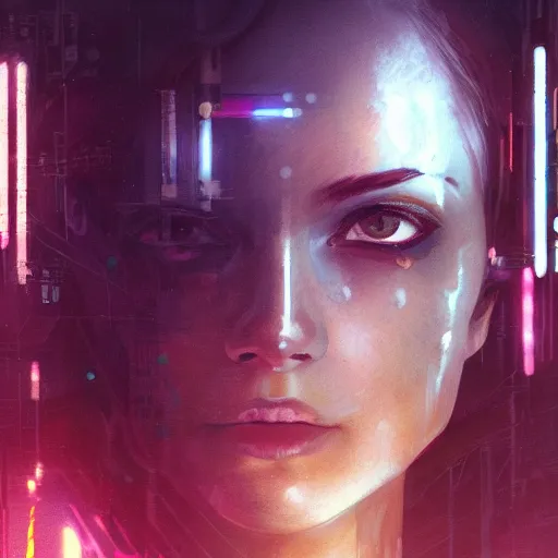 Image similar to molly millions, closeup portrait of a young beautiful cyberpunk woman, eye implants, black hair in a rough shag, sunset, neuromancer, street samurai, cyberpunk city background, megacity, gorgeous view, depth, painted by seb mckinnon, high detail, digital art, painted by greg rutkowski, trending on artstation