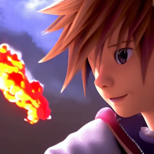 Image similar to sora from kingdom hearts exhaling a large smoke cloud from his bong, movie still, cinematic lighting