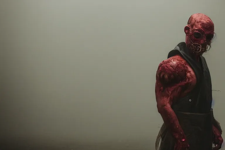 Prompt: a cinematic portrait of mutant insect serial killer dressed in human skin, in a backroom, fog storm, annie leibovitz and zack snyder, 8 k, hd, high resolution, 8 5 mm, f / 1. 8