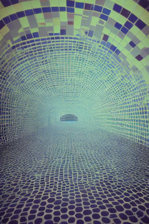 Prompt: non - euclidean tiled curving swimming pool tunnels into infinity, multiple paths, 1 9 6 0 s, color bleed, ektachrome photograph, volumetric lighting, f 8 aperture, cinematic eastman 5 3 8 4 film stanley kubrick
