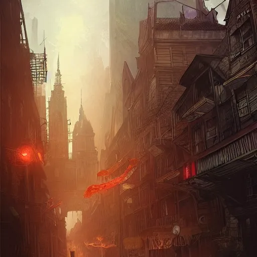 Image similar to “a creepy criminal magic city, similar to Knock Turn Alley, the sky is flayed like Doctor Strange, D&D, fantasy, intricate, cinematic lighting, highly detailed, digital painting, artstation, concept art, smooth, sharp focus, illustration, art by Artgerm and Greg Rutkowski and Alphonse Mucha”