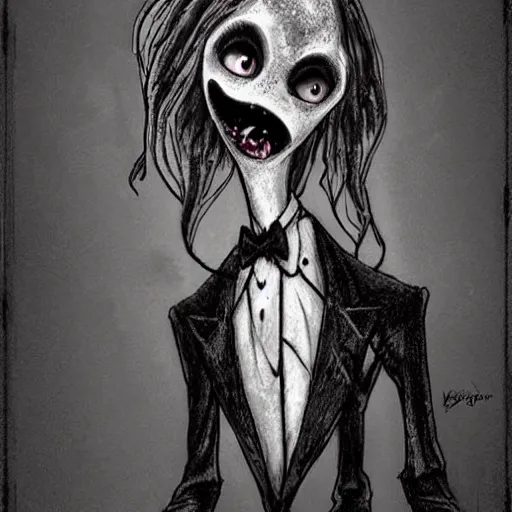 Image similar to grunge cartoon drawing of a cute evil dog by - michael karcz , in the style of corpse bride, loony toons style, horror themed, detailed, elegant, intricate