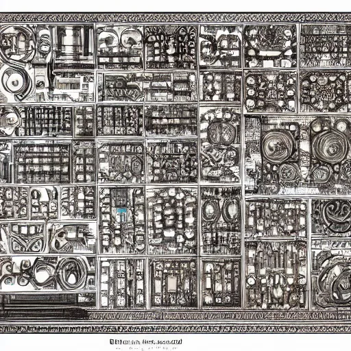 Image similar to schematic blueprint of highly detailed ornate filigreed convoluted ornamented elaborate medical equipment, art by da vinci