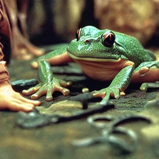 Image similar to movie film still scene, lord of the rings with frog heads