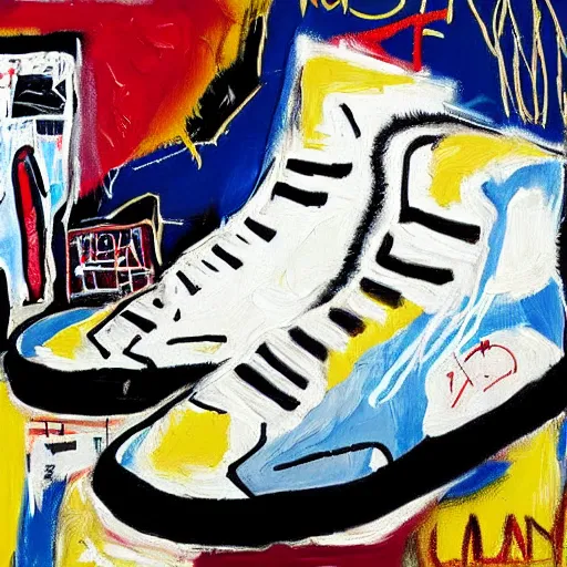 Image similar to basquiat oil painting of cyber balenciaga sneakers,