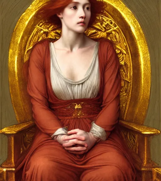 Image similar to portrait of a beautiful auburn - haired woman with a guilded crown sitting on a throne with heightened detail, poised, intense emotion, detailed facial expression, detailed surroundings, intricate, elegant, highly detailed, centered, digital painting, artstation, concept art, smooth, sharp focus, illustration, by ( sir edward coley burne - jones ), wlop