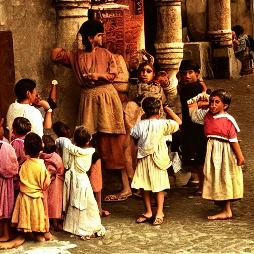 Prompt: poor children beg for money from nobles at the bazar. ancient roman times. cinematic, old photo