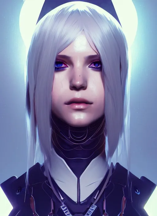 Image similar to symmetry portrait of a 2 from nier automata, sci - fi, tech wear, glowing lights intricate, elegant, highly detailed, digital painting, artstation, concept art, smooth, sharp focus, illustration, art by artgerm and greg rutkowski and alphonse mucha