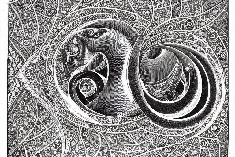 Image similar to an ornate illustration in the styles of mandalas and fractals, the styles of escher and penrose, depicting a weasel staring deep into the heart of the impossible all - and - nothing of the emerging singularity ; / what has god wrought? / he seems to be whispering.