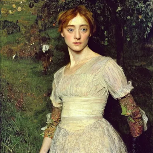 Image similar to a true-to-life portrait of Saoirse Ronan painted by John Everett Millais