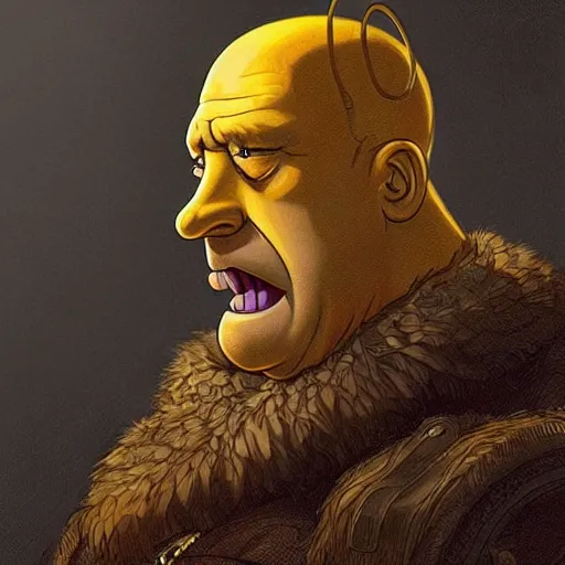 Prompt: homer simpson as a game of thrones character, highly detailed digital painting, artstation, concept art, smooth, sharp focus, illustration, art by artgerm and greg rutkowski and alphonse mucha