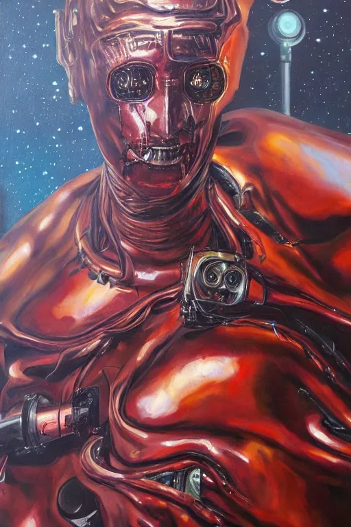 Image similar to oil painting, close-up, hight detailed, melting cyborg at red planet, in style of 80s sci-fi art