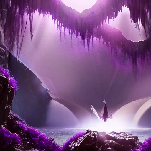 Prompt: a cinematic render of a silhouette with wings surrounded by amethysts, sitting in a mystical waterfall cave, lilac sunrays, highly detailed matte painting, 8 k