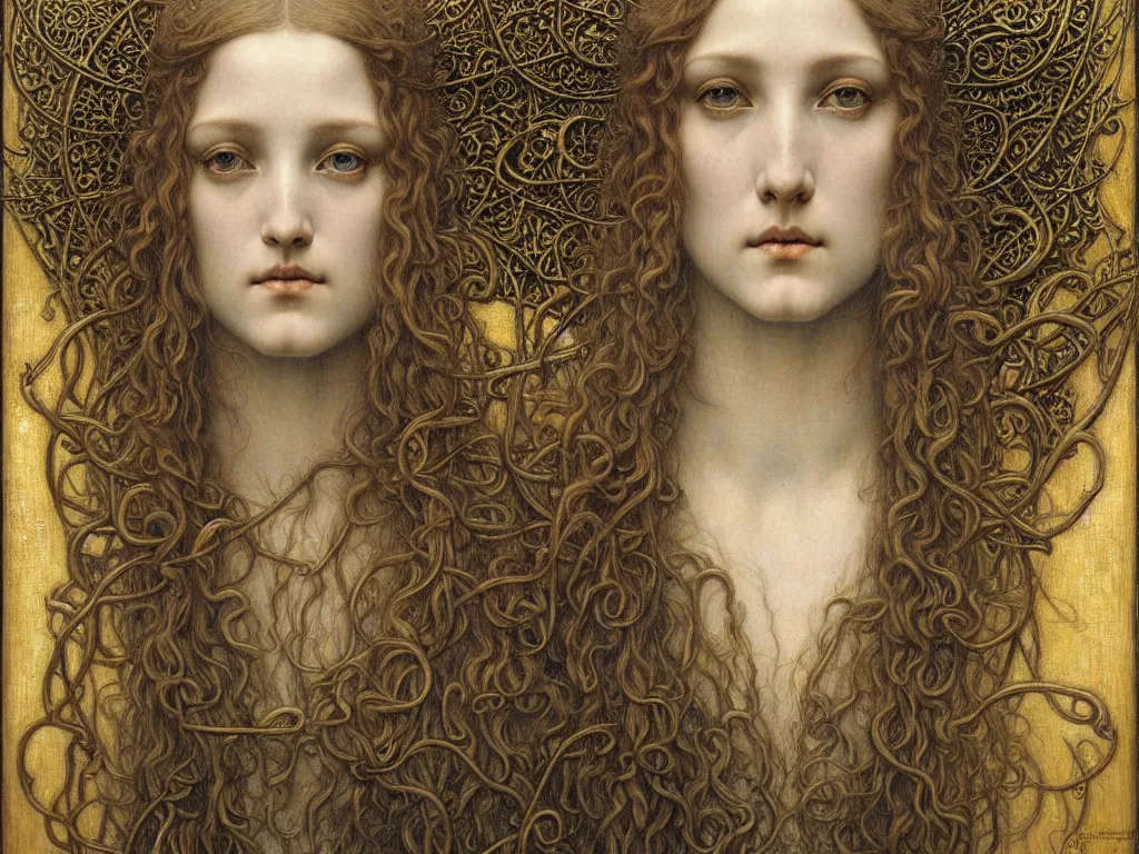 Image similar to detailed realistic beautiful young medieval queen face portrait by jean delville, gustave dore and marco mazzoni, art nouveau, symbolist, visionary, gothic, pre - raphaelite. horizontal symmetry