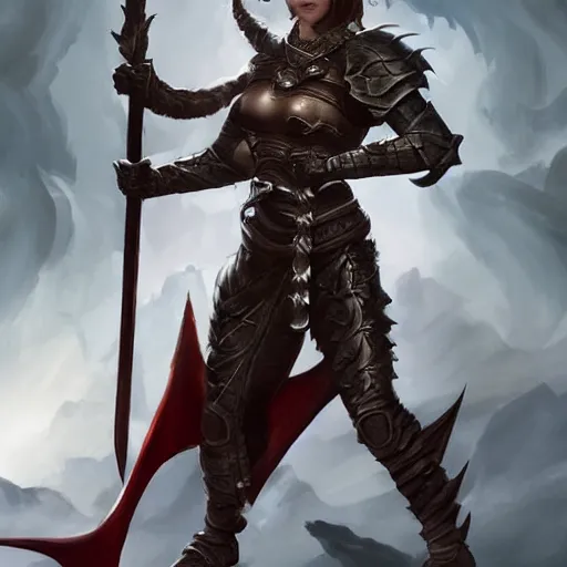 Image similar to A female dragonborn with a halberd heroically posing, fantasy, medieval, cinematic, paladin, no helmet, red scales, serious expression, 8k, trending on artstation, In the style of Clint Cearley