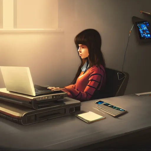 Image similar to realistic teenager using laptop in super tech room, artstation trends, concept art, highly detailed, intricate, sharp focus, digital art, 8 k