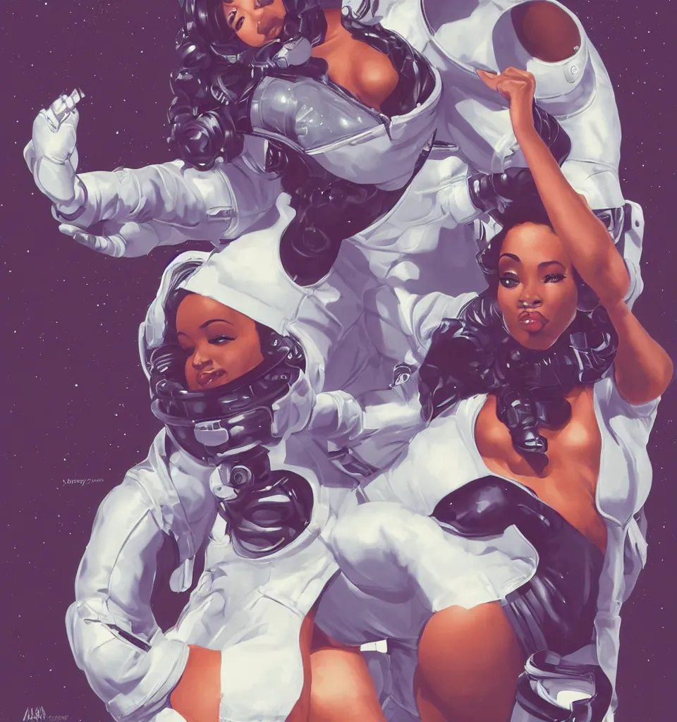 Image similar to full body shot of black woman in an astronaut suit with a celestial afro, pin-up style by Artgerm, realist, trending on artstation