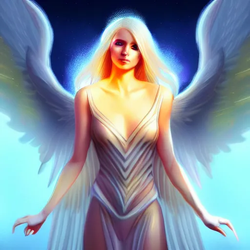 Prompt: Winged girl angel with blonde hair and glowing halo, iridescent, seraphim, fantasy, intricate, elegant, highly detailed, digital painting, artstation, concept art, smooth, sharp focus, illustration