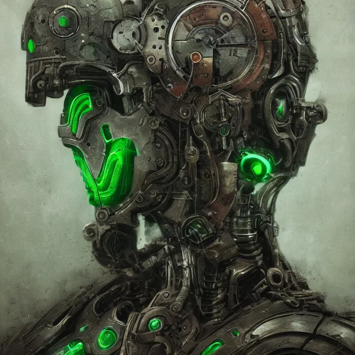 Image similar to portrait of a green Ultron from Age of Ultron, clockwork steampunk, head and chest only, by Beksinski, 4k, deviantart, trending on artstation