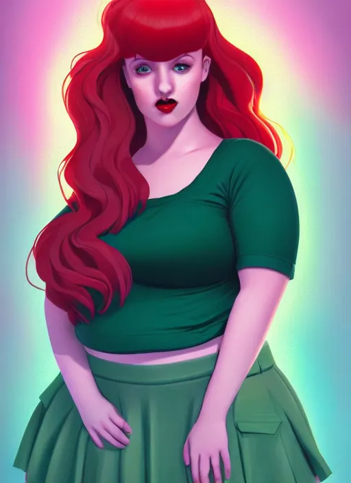 Image similar to full body portrait of teenage cheryl blossom, obese, bangs, green eyes, sultry expression, red hair, sultry smirk, bangs and wavy hair, pink skirt, fat, intricate, elegant, glowing lights, highly detailed, digital painting, artstation, concept art, smooth, sharp focus, illustration, art by wlop, mars ravelo and greg rutkowski