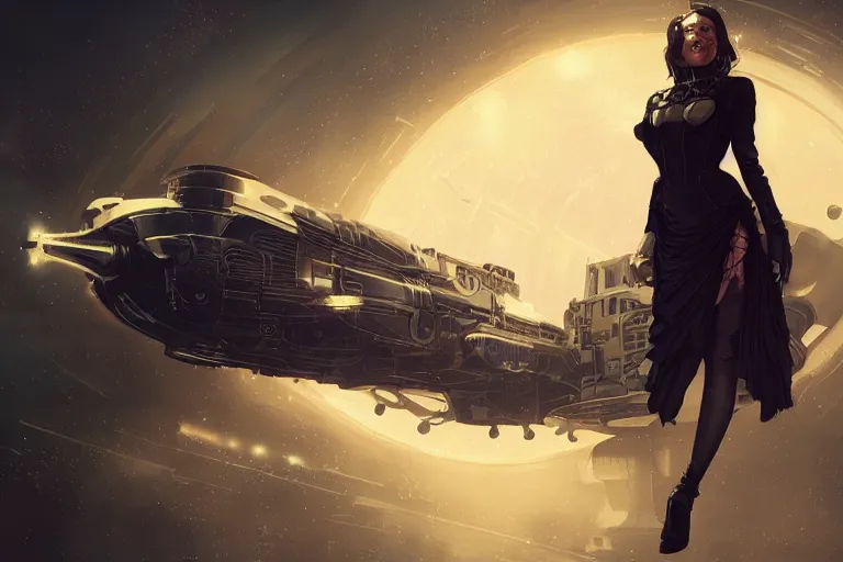 Prompt: a woman in a black dress and thigh highs in a steampunk spaceship, digital art, beautiful lighting, by greg rutkowski, by dan mumford, octane render, composition, beautiful face, expressive oil painting, steampunk, 4 k