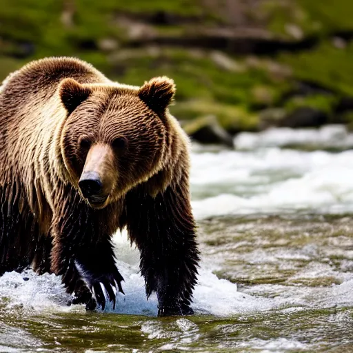 Image similar to a high quality photo closeup of a grizzly bear standing in a river. There is a salmon leaping in the air. the grizzly bear has its jaws open wide, trying to bite down and catch the salmon. Shallow depth of field.