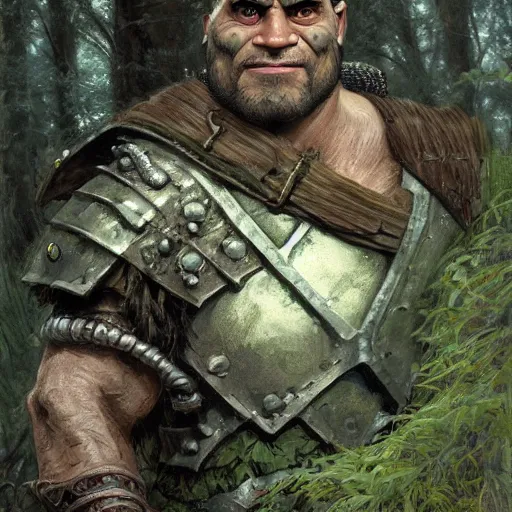 Prompt: portrait of a ruggedly handsome half - orc fighter with green skin and short brown hair wearing chain mail armor in a forest, half body, fantasy, highly detailed, digital painting, artstation, concept art, character art, art by greg rutkowski and tyler jacobson and alphonse mucha