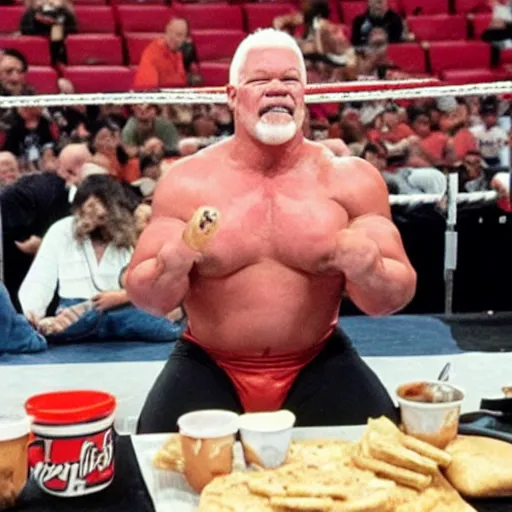 Image similar to wrestling superstar Scott Steiner enjoying cheeseburgers in a hockey arena