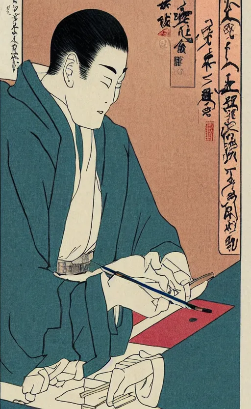 Prompt: by akio watanabe, manga art, a male calligrapher writing next to a lamp, inside japanese castle, trading card front, realistic anatomy