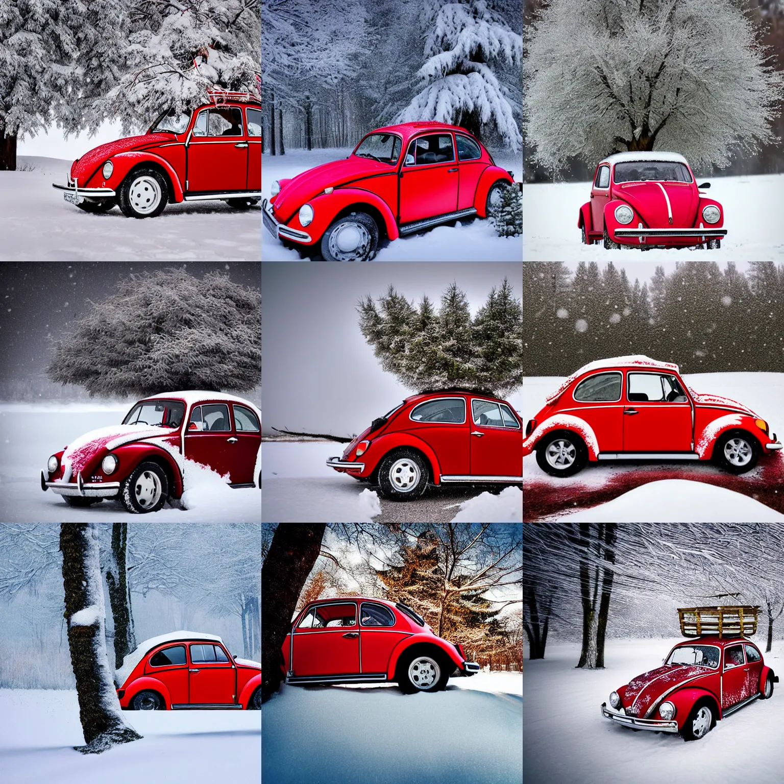 Prompt: extreme long shot of a snowy red 1970 vw beetle on top of a tree, award winning photo, snow, high detail, desolate, atmospheric, 8k