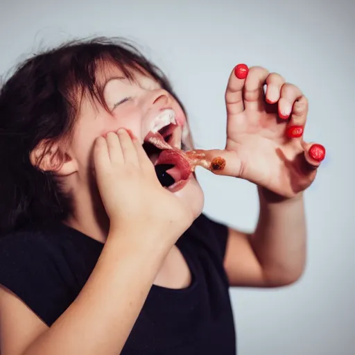 Prompt: girl with a hand climbing out of her mouth