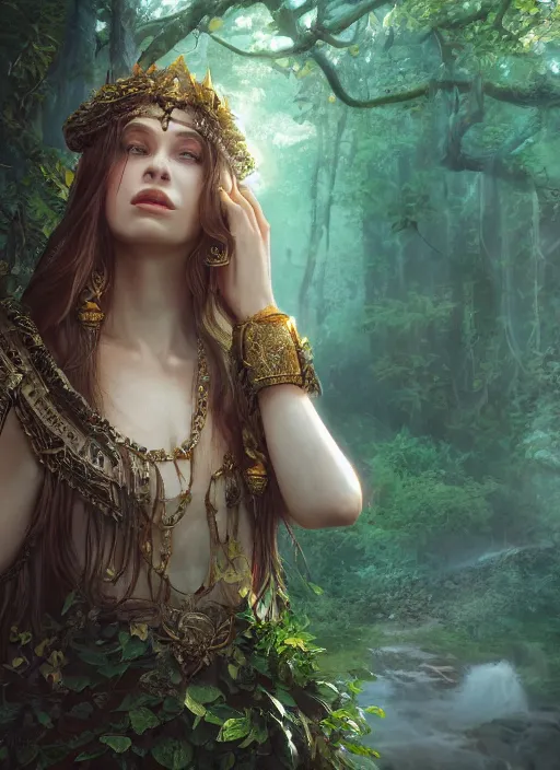 Image similar to Beautiful art portrait of a female fantasy priestess in a bright temple surrounded by lush forest, atmospheric lighting, intricate detail, cgsociety, hyperrealistic, octane render, RPG portrait, ambient light, dynamic lighting