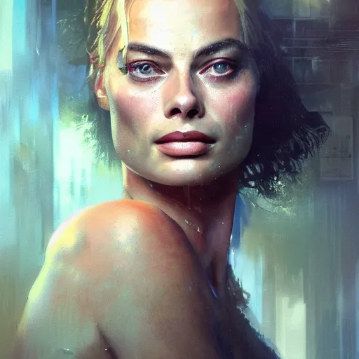 Image similar to margot robbie, hyperrealistic portrait, bladerunner street, art of elysium by jeremy mann and alphonse mucha, fantasy art, photo realistic, dynamic lighting, artstation, poster, volumetric lighting, very detailed face, 4 k, award winning