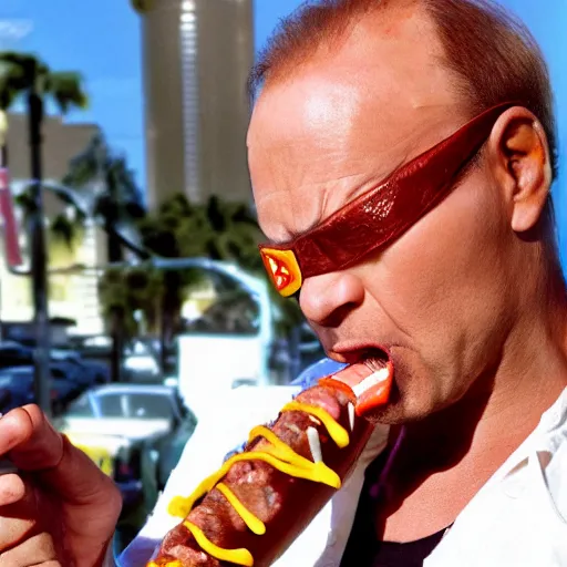 Image similar to cyborg dril eating hot dogs, photograph