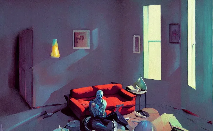 Image similar to Cozy apartment, very coherent, painted by Francis Bacon and Edward Hopper, Wayne Barlowe, painted by James Gilleard, surrealism, airbrush, art by JamesJean