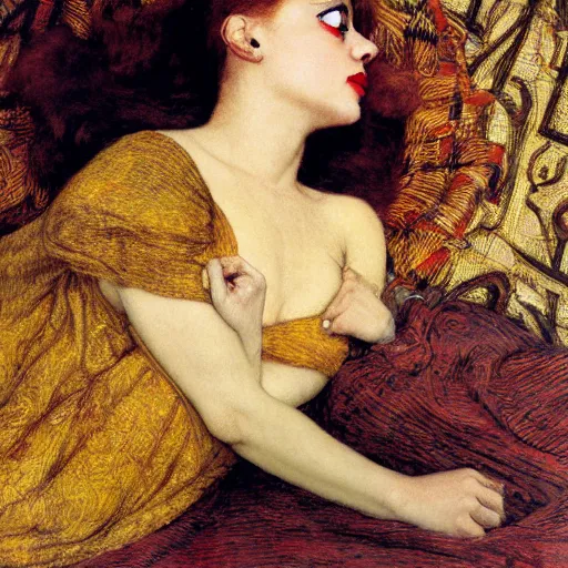 Image similar to reclining on bed, hybrid of judy garland and a hybrid of lady gaga and tom hanks, aged 2 5, brown fringe, large full lips, wide shot, yellow ochre ornate medieval dress, john william waterhouse, kilian eng, rosetti, john everett millais, william holman hunt, william morris, 4 k