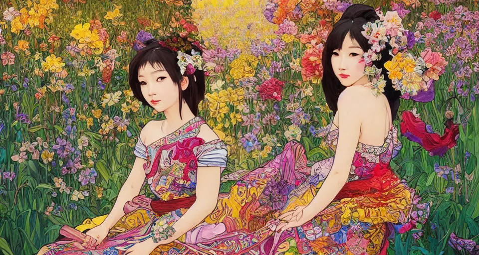 Image similar to oil painting, long shot, beautiful floralpunk thai girl illustration walking in a park, detailed patterns art of thai traditional dress, flower pop art, floral splash painting, art by makoto shinkai, ghibbli, alphonse mucha, dark shadow