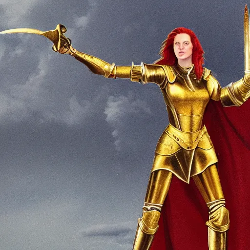 Image similar to a tall, red - haired female knight wearing golden armor and left arm golden prothesis, longer than her right arm. she wields a long golden blade