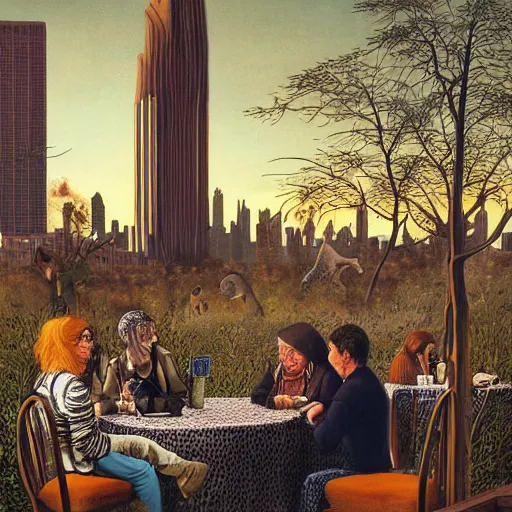 Image similar to The land art shows four people sitting in a diner late at night. The people in the land art look tired and lonely. The land art is set in New York City and shows the city's skyline in the background. cheetah print by Frederick Sandys, by Andreas Franke ghastly