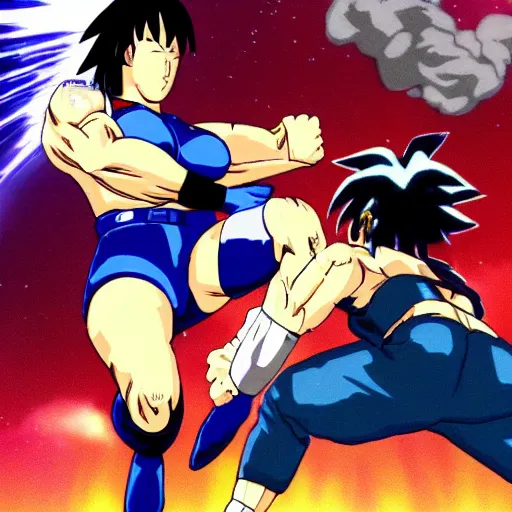 Prompt: Motoko Kusanagi drop kicking Goku in the face