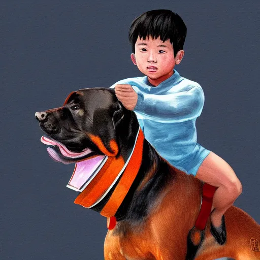 Prompt: chinese boy riding on top of a rottweiler, digital painting