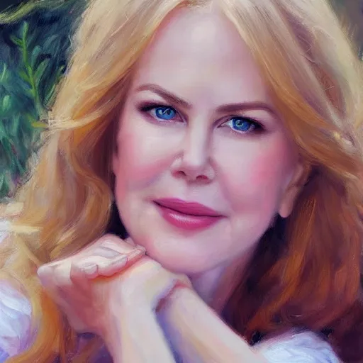 Prompt: closeup portrait of nicole kidman in the garden, evening, highly detailed, ultrarealistic oil painting, vladimir volegov, artstation