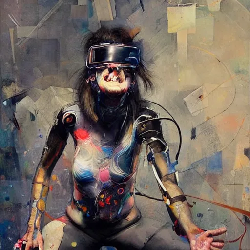 Image similar to grinning woman in a vr headset wearing leather outfit, dynamic energic pose, cyberpunk in the style of adrian ghenie, esao andrews, jenny saville, surrealism, dark art by james jean, takato yamamoto