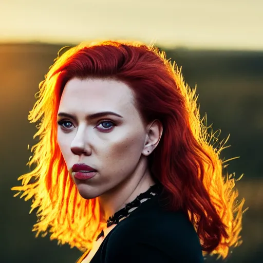 Prompt: close - up photo still of scarlett johansson looking off into the distance, long red hair, black dress, golden hour, photorealistic, ultra detailed, intricate, natural light falling on her face. the focus is on her eyes and brows, fujifilm x - pro 2, by annie leibowitz