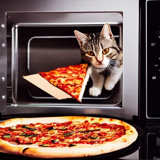 Prompt: studio photograph, a cat taking a pizza out of an oven