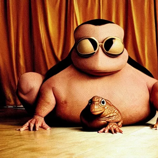 Image similar to a giant toad sitting with mike tyson in a room, from the movie directed by martin scorsese and christopher nolan, masterpiece, 8 h