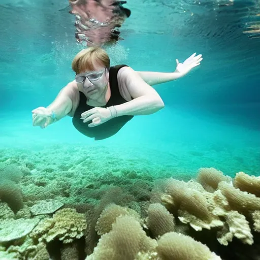 Image similar to angela merkel under water dives through a coral reef, 8k photography