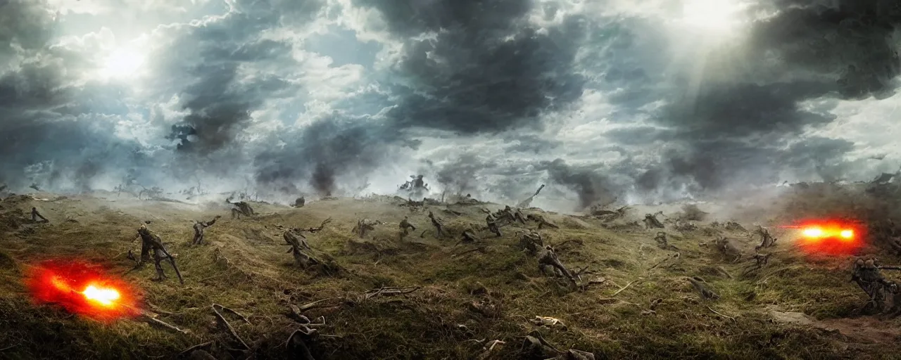 Prompt: natural looking fight landscape of ww 1 trenches, with green gas spreading across land, soldiers are attacking fighting with resistance aliens, futuristic tank is on fire, ground explosion in the background, alien mothership in the sky, hyper realistic, highly detailed, dramatic lighting, raytarced, god rays, 4 k, 8 k, matte painting