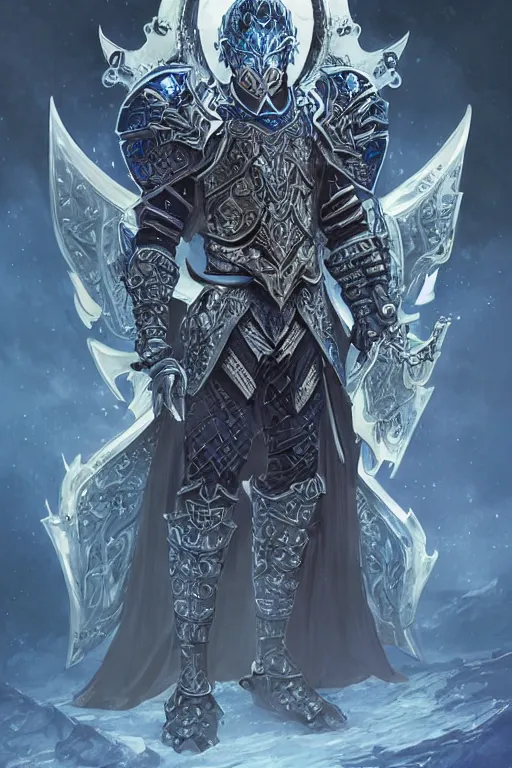 Image similar to Fantasy Paladin with tower shield wearing an intricate azure wolf themed full plated armor, moonlit, HD, illustration, epic, D&D, fantasy, intricate, elegant, highly detailed, digital painting, artstation, concept art, smooth, sharp focus, illustration, art by artgerm and greg rutkowski and alphonse mucha