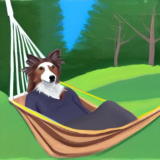 Image similar to brown border collie relaxing in a hammock drinking hot chocolate, digital painting